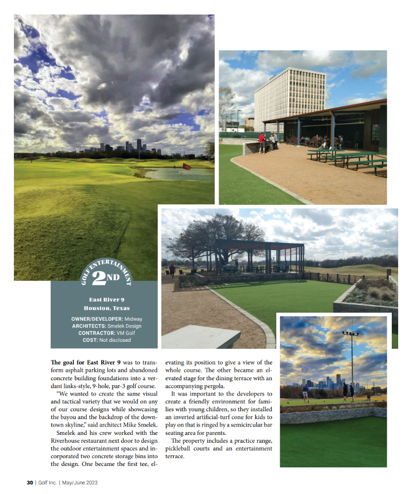 Collage of golf course scenes, including green fairways with a city skyline, outdoor seating area with a tall building, shaded pavilion on a golf course, and people playing soccer against a cloudy sky.