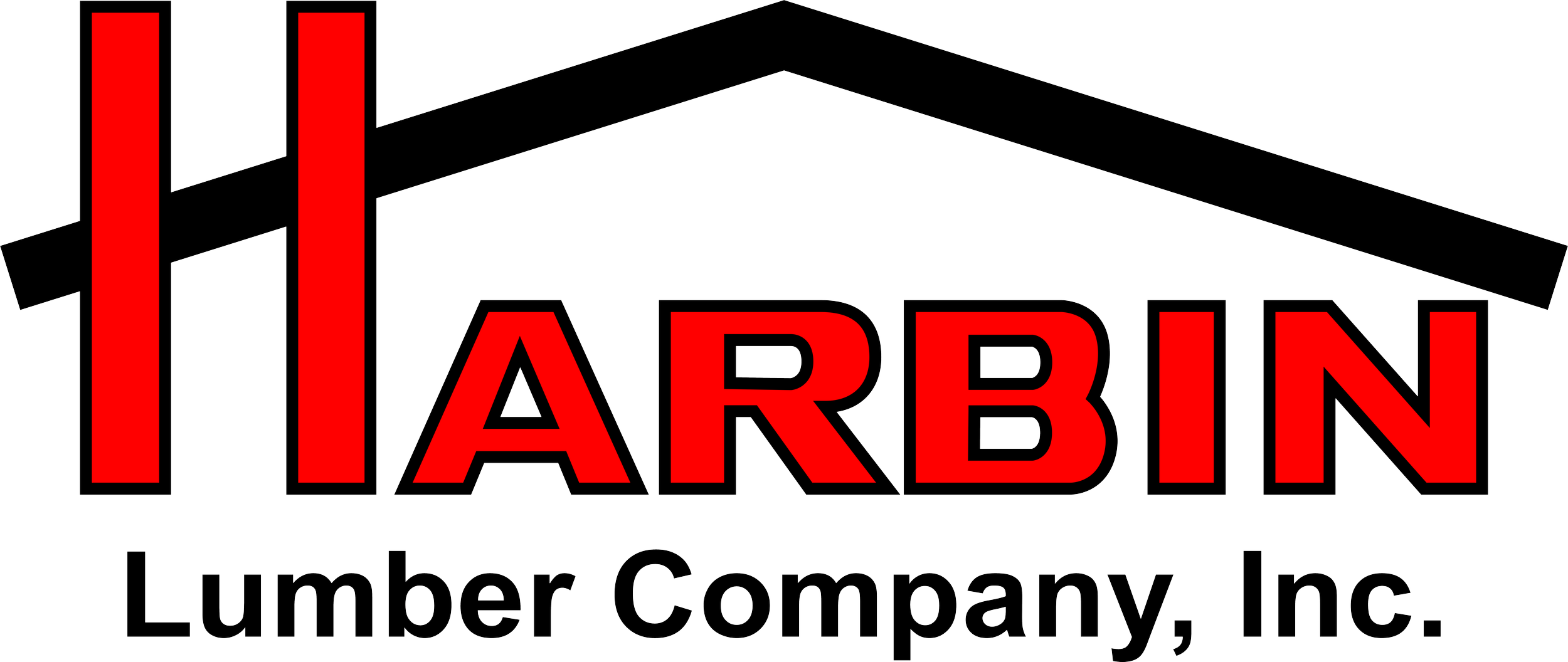 Logo for Harbin Lumber Company, Inc. featuring a stylized house roof and bold red text.