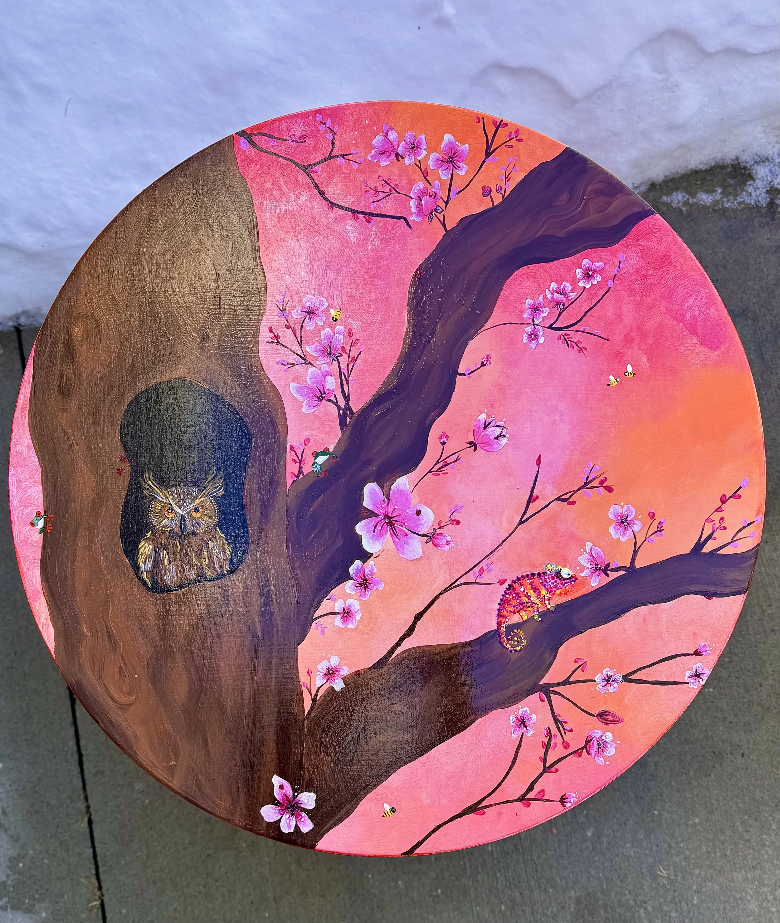 Refurbished side tables with a home in a south Calgary seniors home. This table was designed to be interactive so seniors could look/find/count every critter they spot. This painting inspired a large scale version on a south Calgary preschool - Ms. C