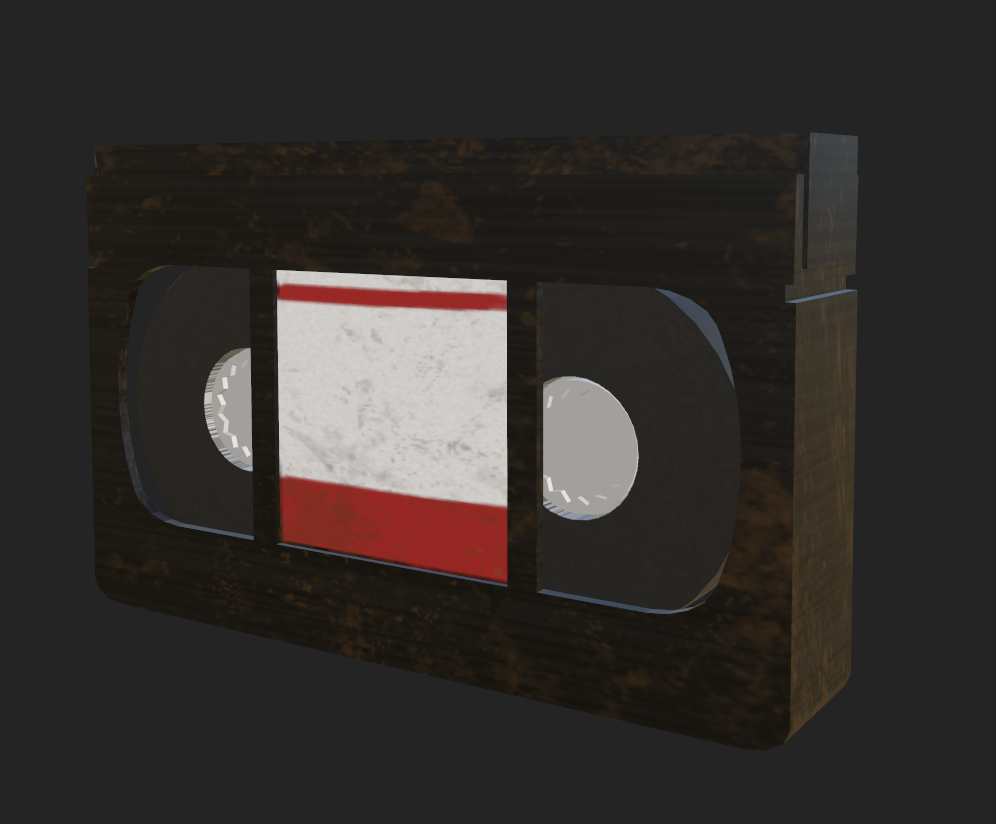 A cassette tape modeled in Blender and textured in Substance Painter for the environment of a student-created game titled "BlackPoint"