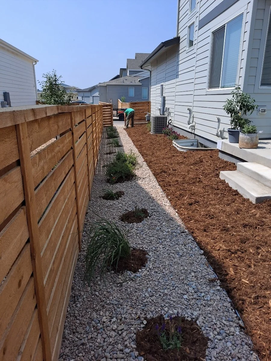 A backyard garden being landscaped with plants, gravel, and mulch, neighboring a white house with stairs and potted plants.