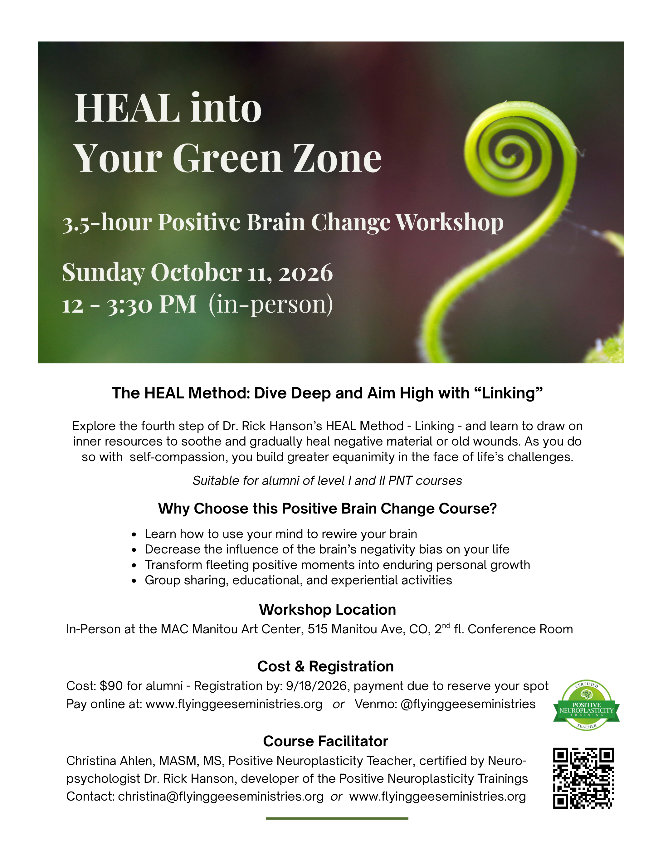 FOR PNT ALUMNI  -  HEAL into Your Green Zone - 3.5-hour Workshop