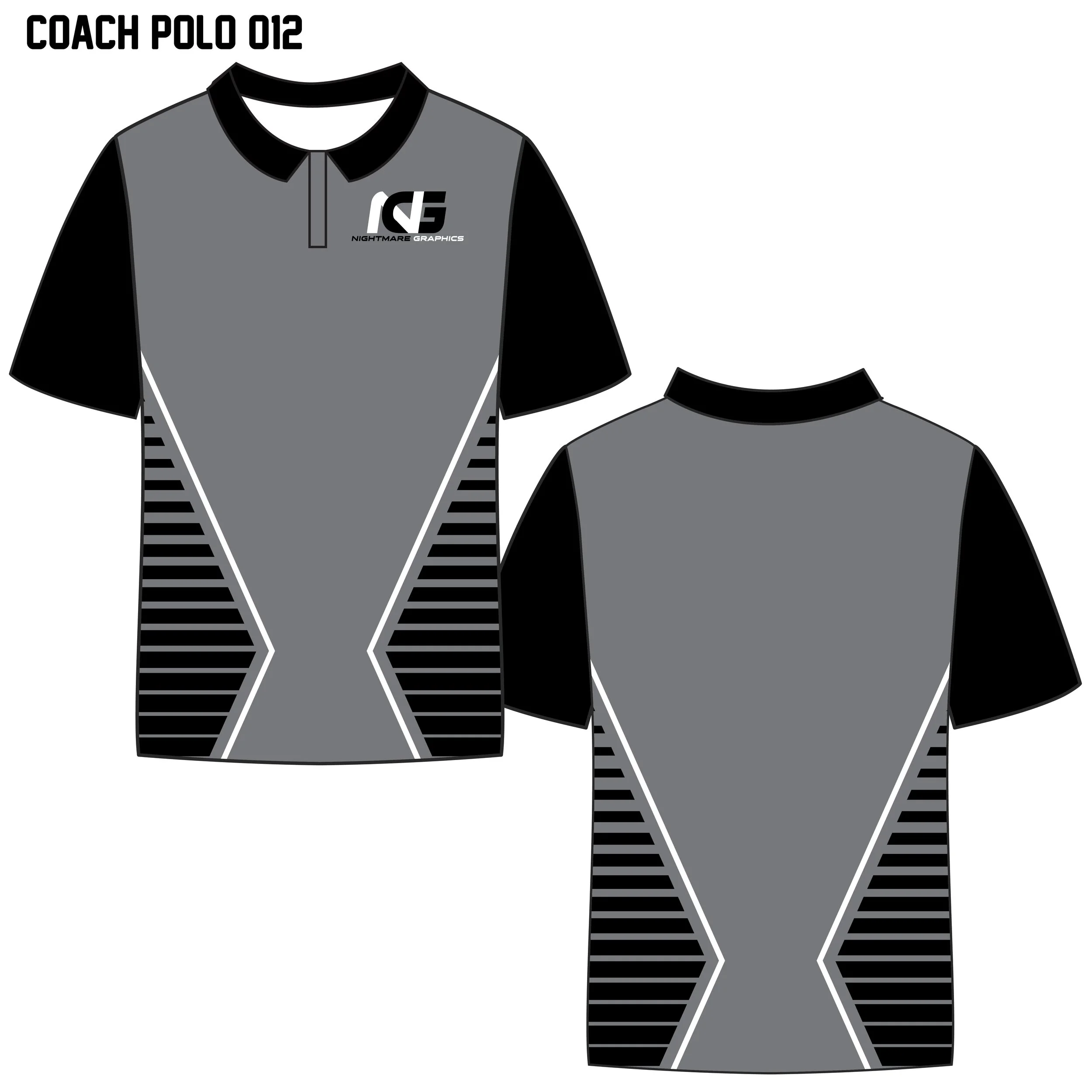 Design of a gray polo shirt with black sleeves and side panels, white and black striped accents, and a logo on the chest reading "Nightmare Graphics"; labeled "Coach Polo 012".
