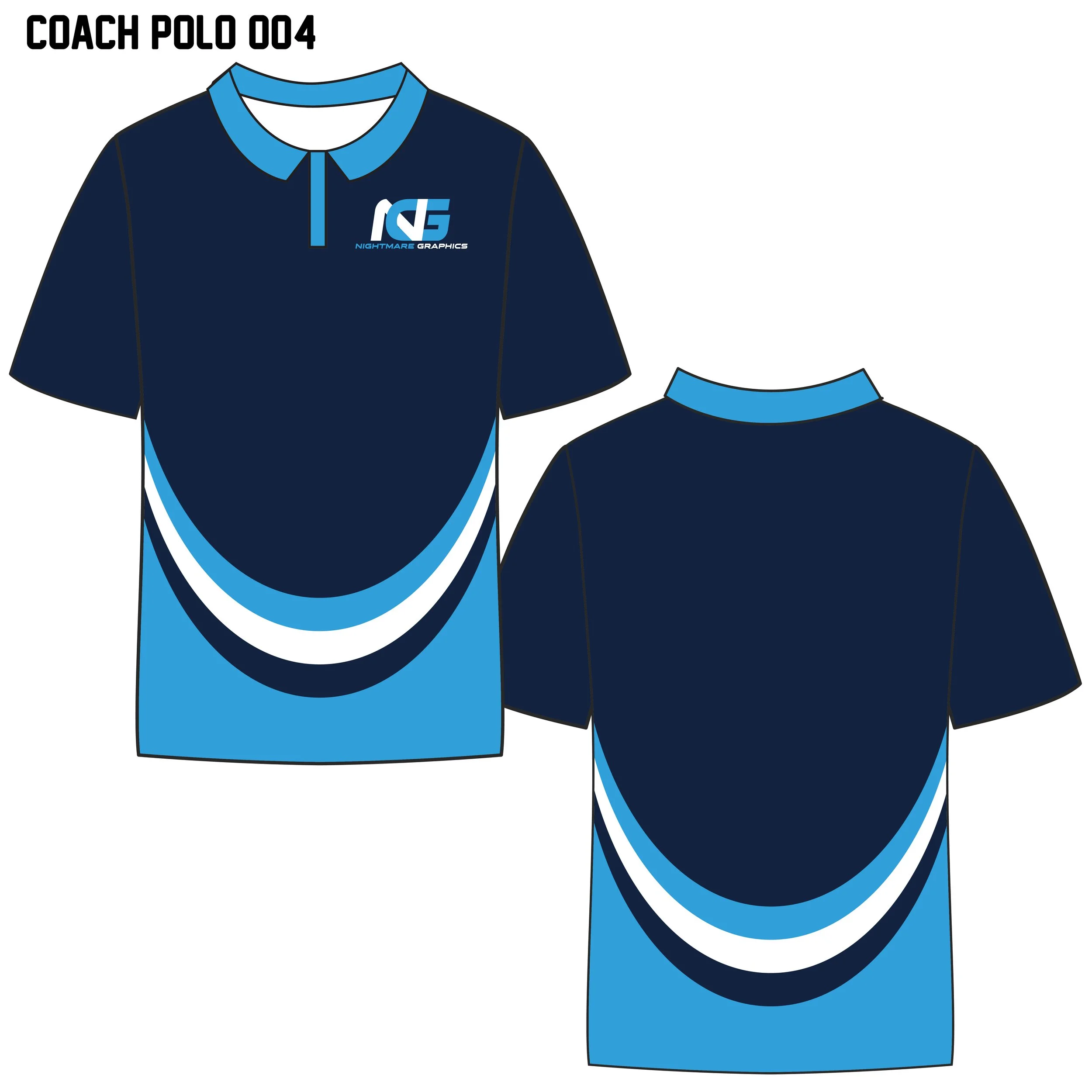 Design for a navy blue sports polo shirt with light blue and white curved stripe pattern on the front, and a logo reading 'Nightmare Graphics' on the chest, labeled 'Coach Polo 004.' Front and back views are shown.