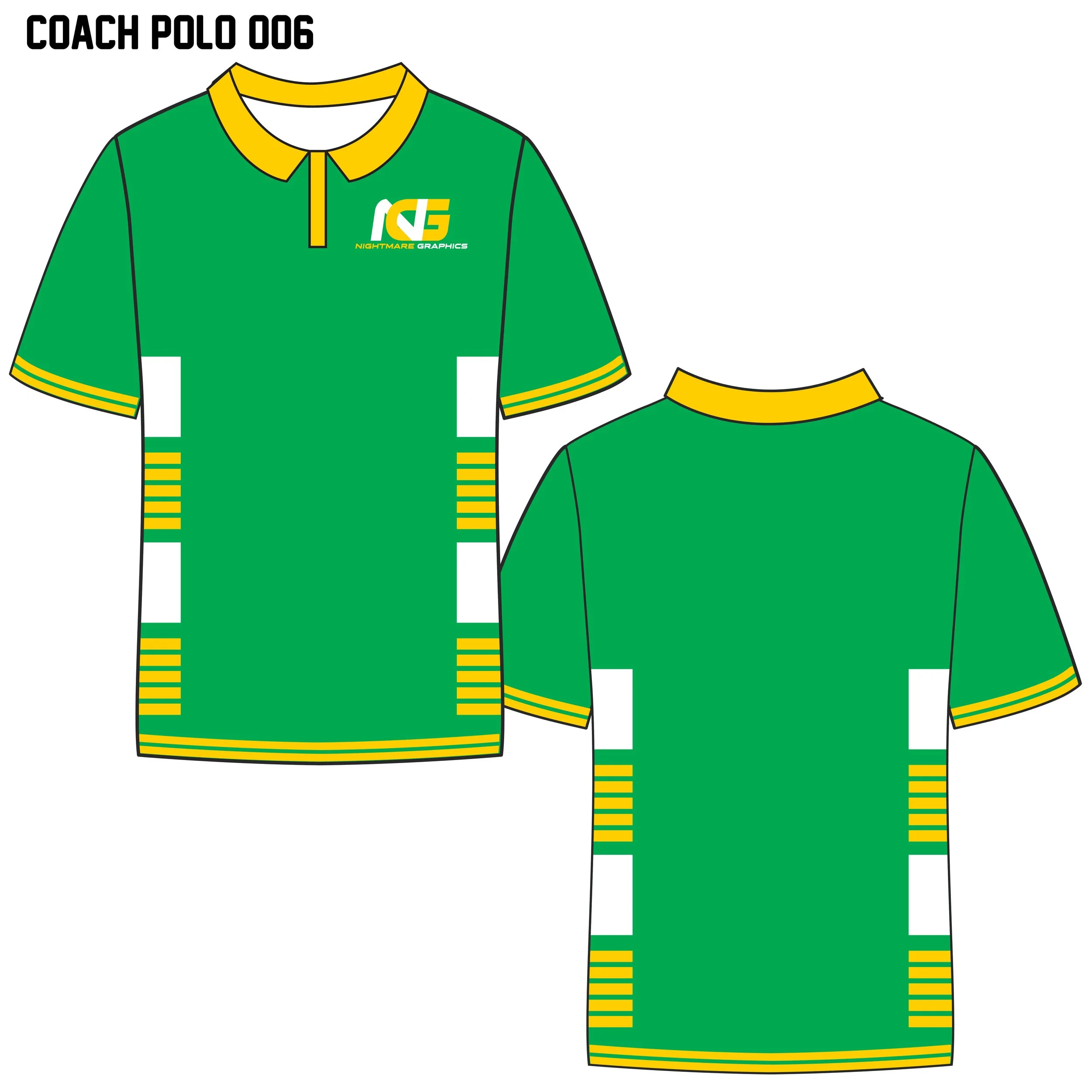 A green sports jersey with yellow accents, featuring a collar, yellow stripes on the sleeves and sides, and a logo reading 'Nightmare Graphics' on the front. The back is plain green.