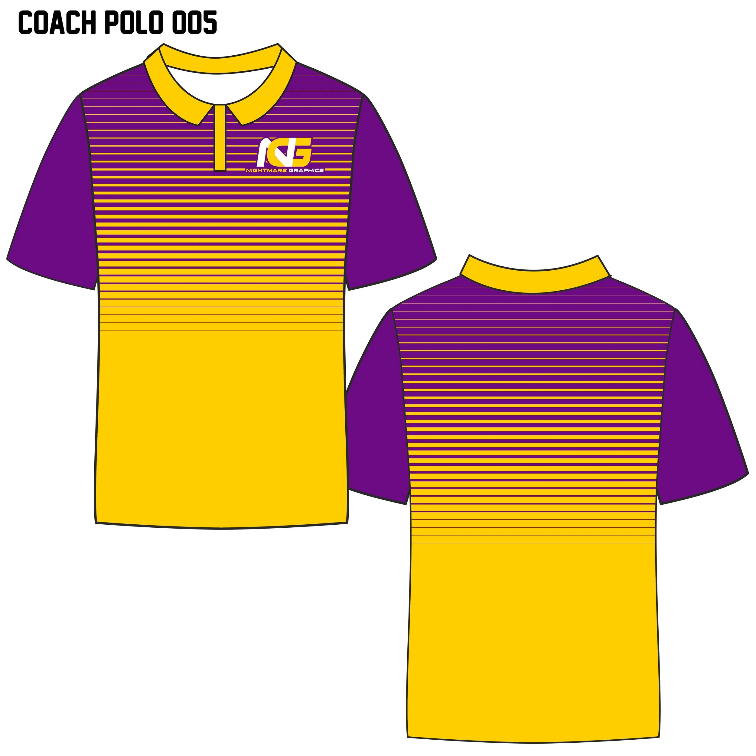 Design for a coach polo shirt with purple and yellow horizontal stripes on the upper half, purple sleeves, yellow collar, and yellow lower half, featuring a logo with the text 'NC5 Nightmare Graphics'.