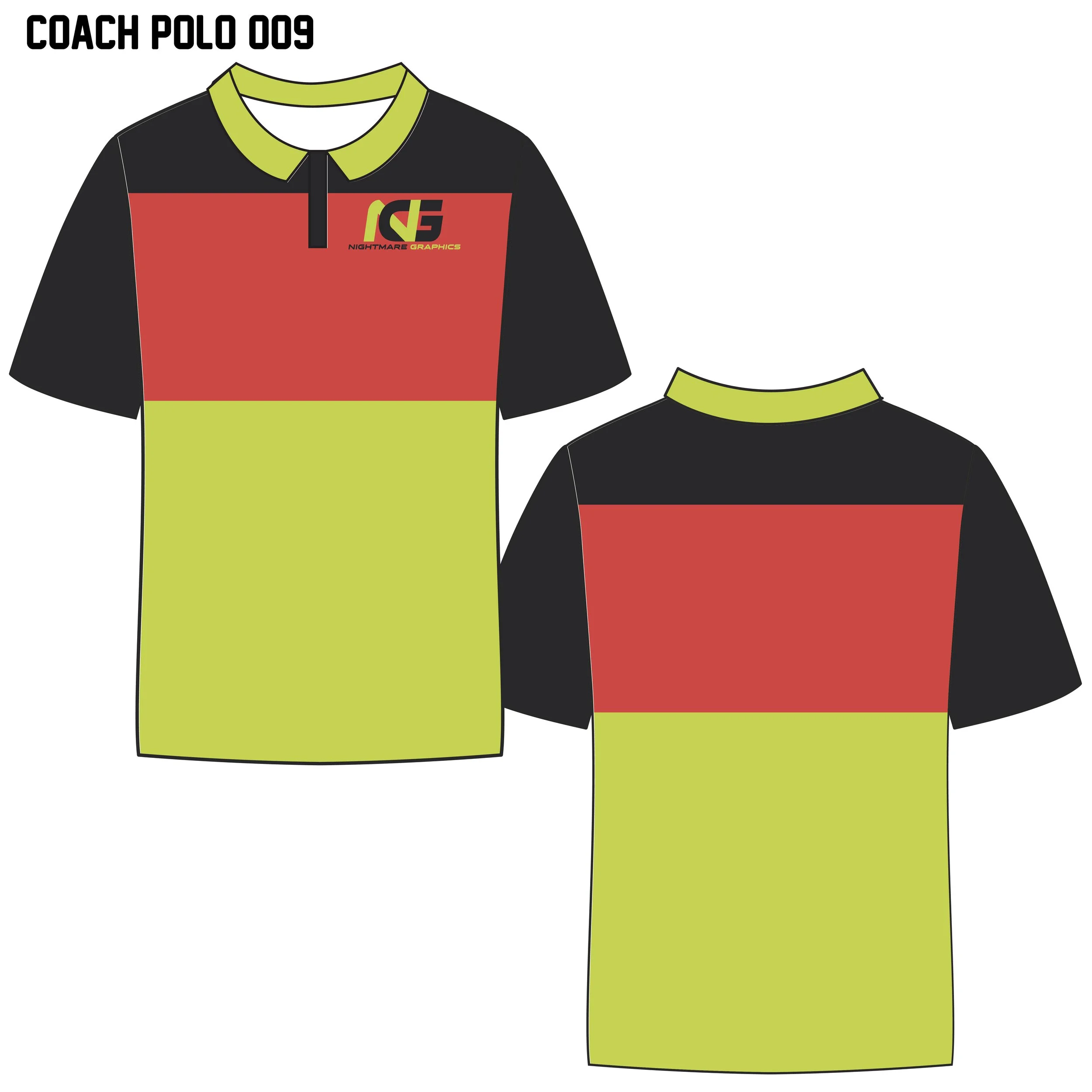Front and back views of a coach polo shirt with black, red, and lime green colors, featuring a logo on the front that reads 'Nightmare Graphics'.