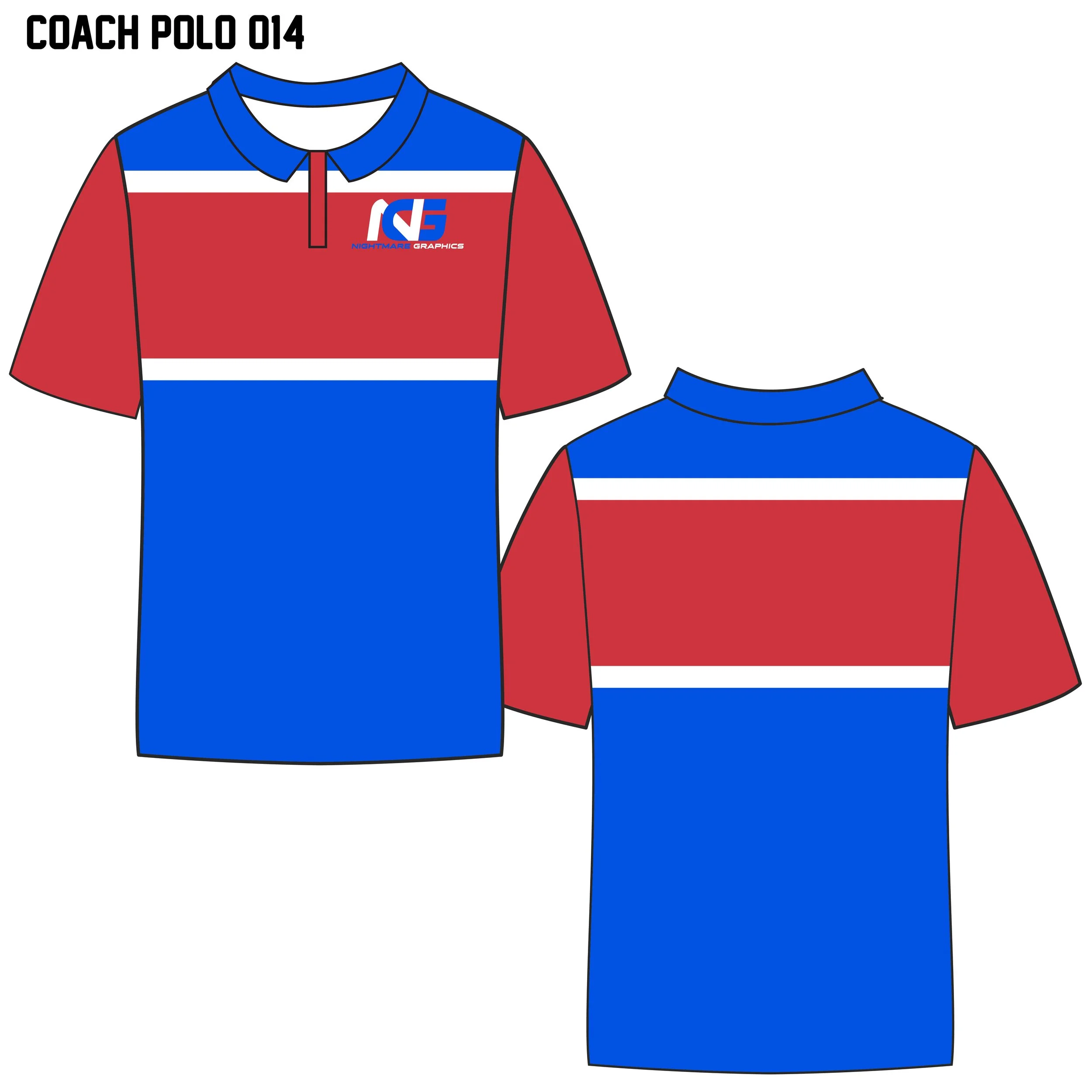 Design of a coach polo shirt in red, blue, and white with a collar and the text 'COACH POLO 014' at the top. The front features a logo on the left chest area reading 'NIGHTMARE GRAPHICS' with a stylized 'N' and 'G' in blue, white, and red.