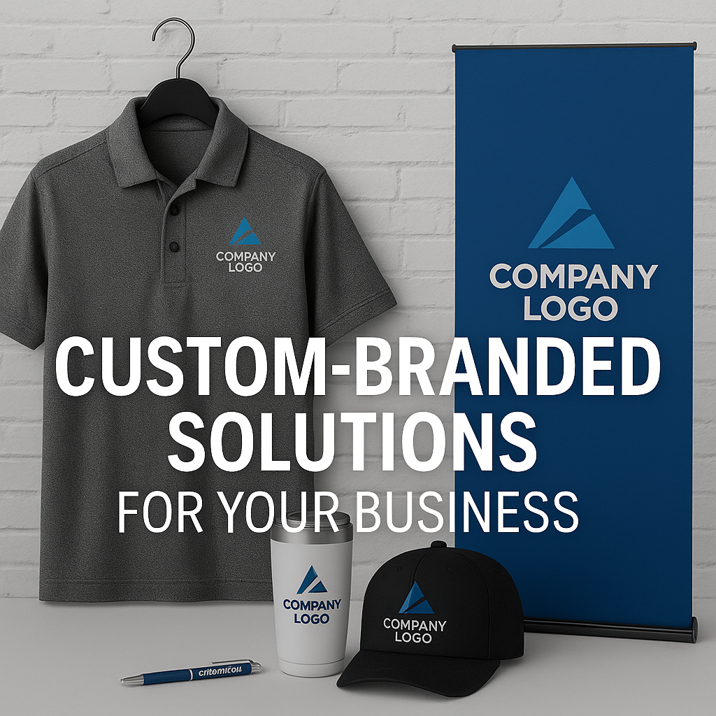 Display of customizable branded business merchandise including a gray polo shirt, a banner, a travel mug, a black baseball cap, and a pen, all featuring a blue company logo.