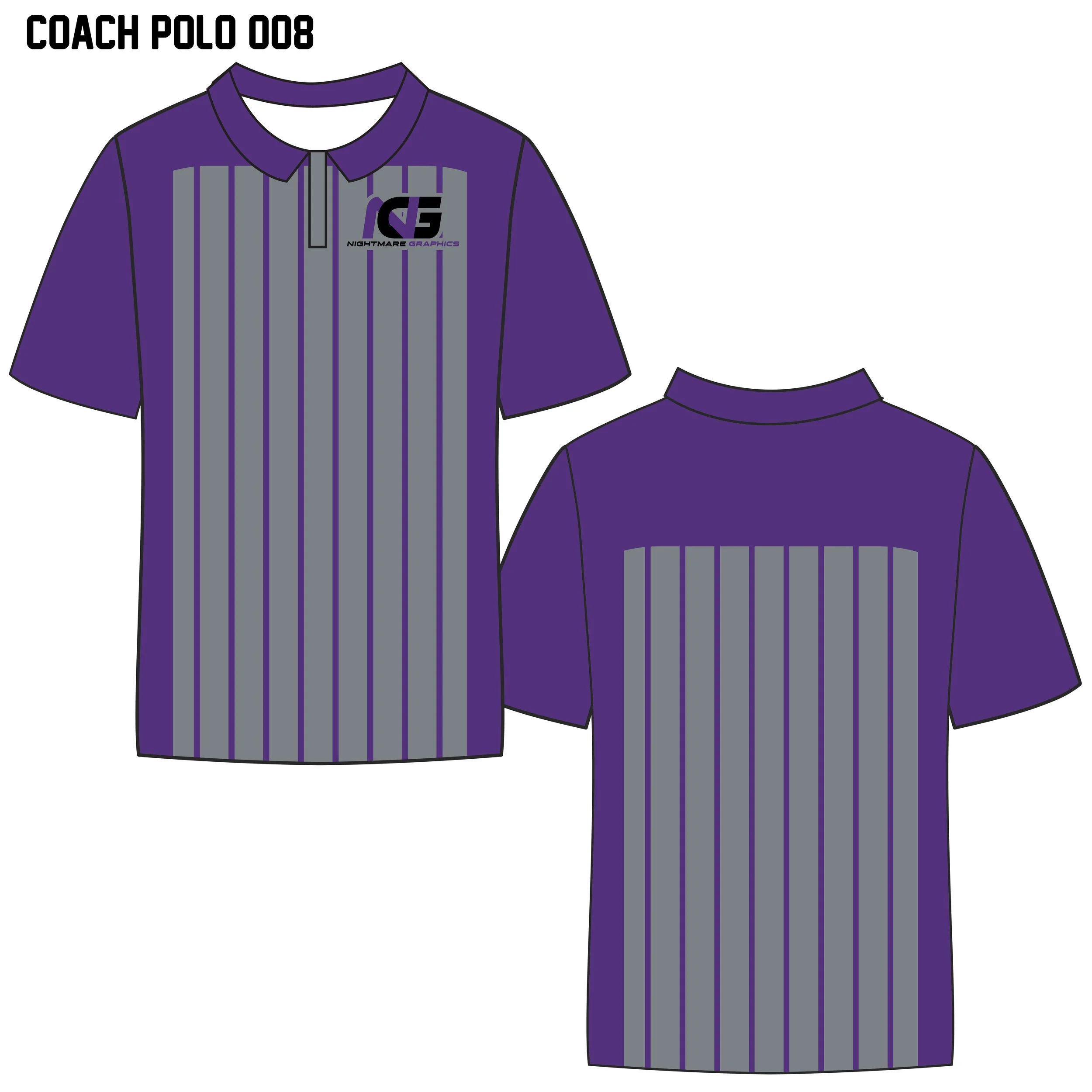 Design of a purple polo shirt with vertical grey and purple stripes, front and back views, featuring a logo that says 'Nightmare Graphics' and what appears to be 'Coach Polo 008' at the top.