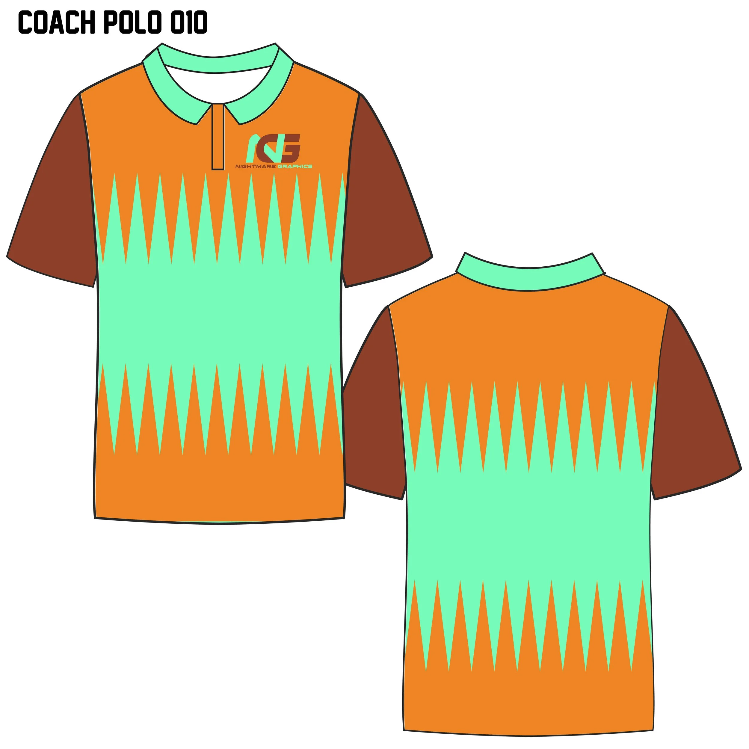 Illustration of a coach polo shirt with orange, brown, and turquoise colors, featuring a zigzag pattern and a logo reading 'Nightmare Graphics' on the front left chest.