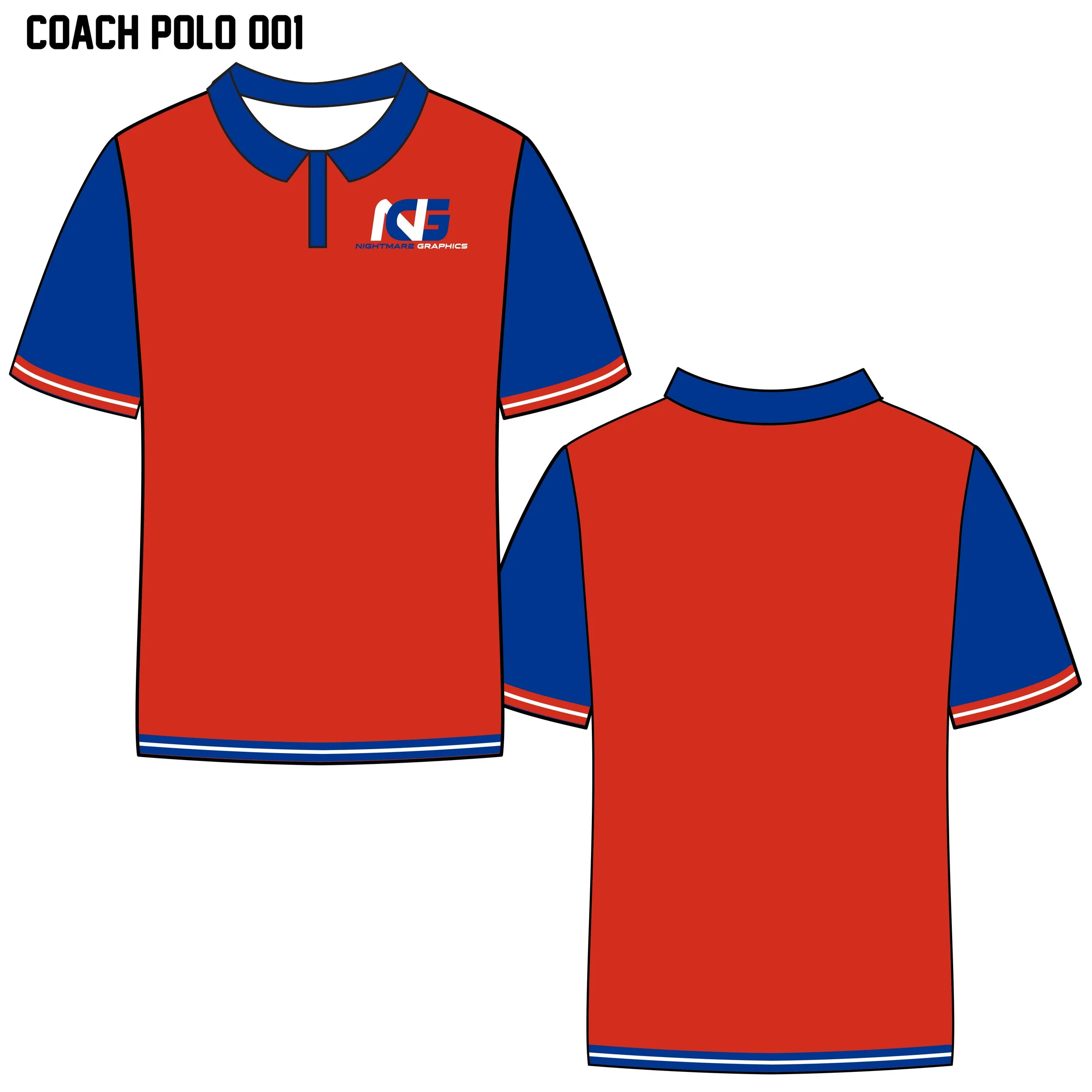 Digital illustration of a red sports polo shirt with blue accents on collar, sleeves, and bottom trim, labeled 'Coach Polo 001' with a logo reading 'Nightmare Graphics' on the chest.