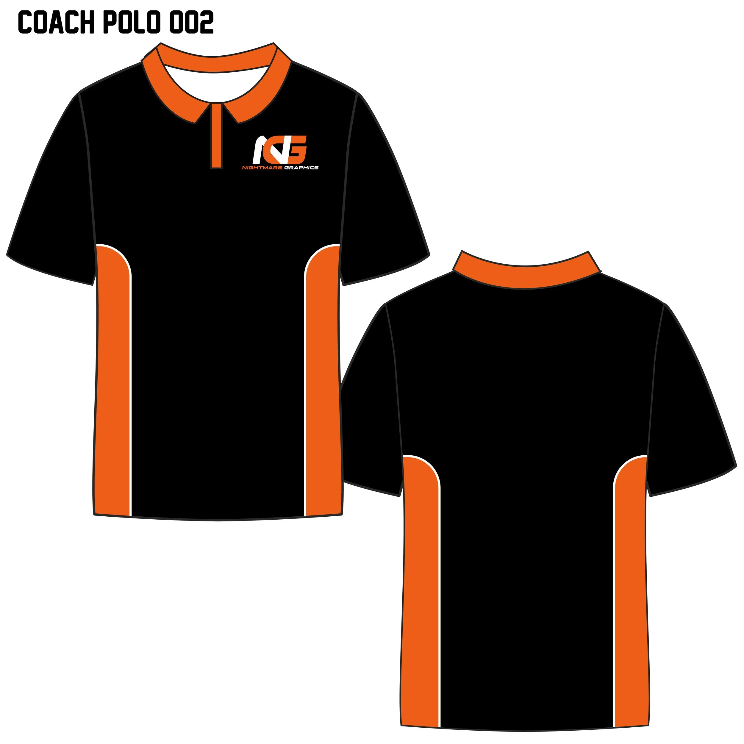 Design drawing of a black coach polo shirt with orange accents on collar, sides, and back, featuring a logo with the text 'Nightmare Graphics'.