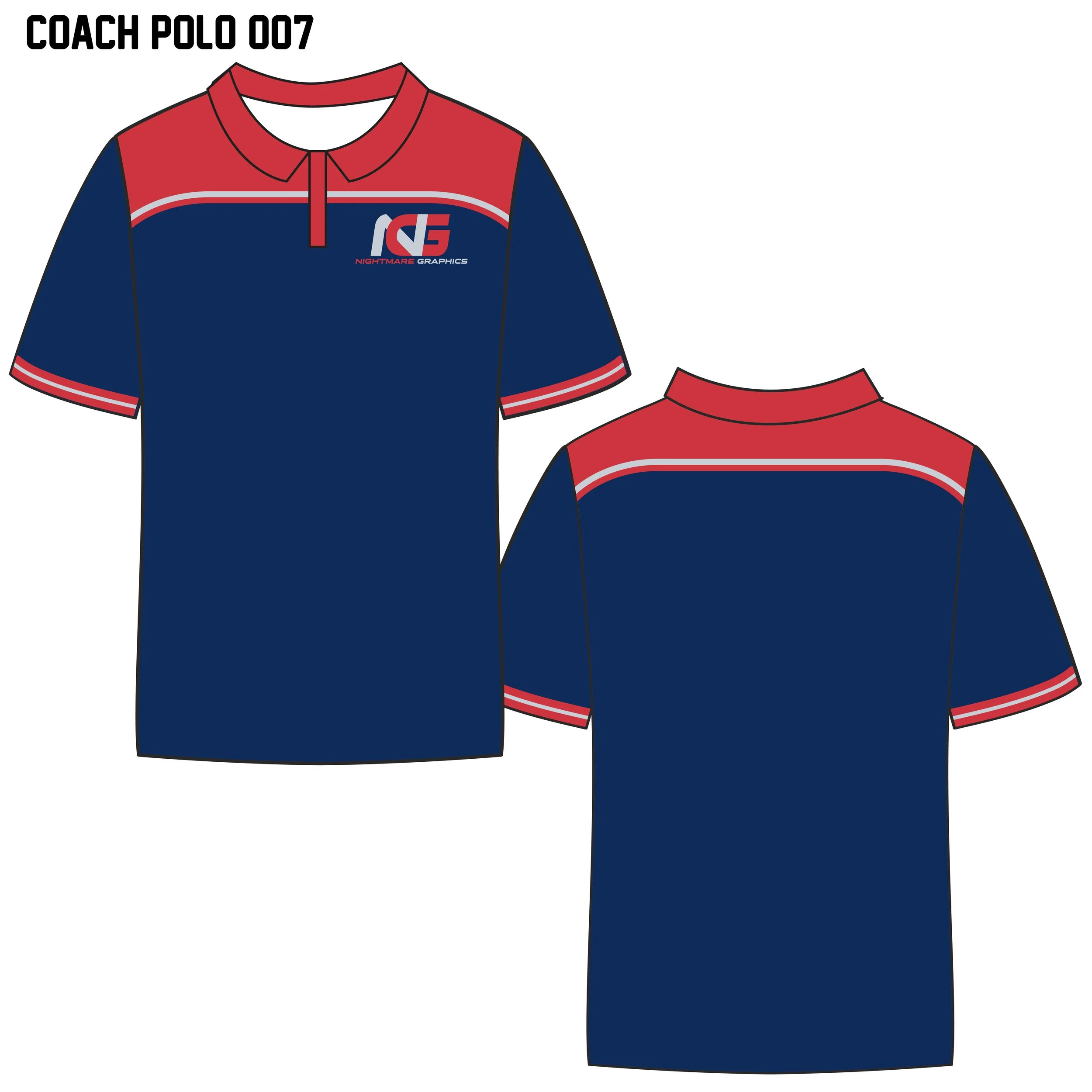 Design of a navy blue polo shirt with red shoulders and collar, featuring white and red stripes on the sleeves and chest, with logo and text 'Nightmare Graphics' on the front. The back has matching red shoulders and stripes.