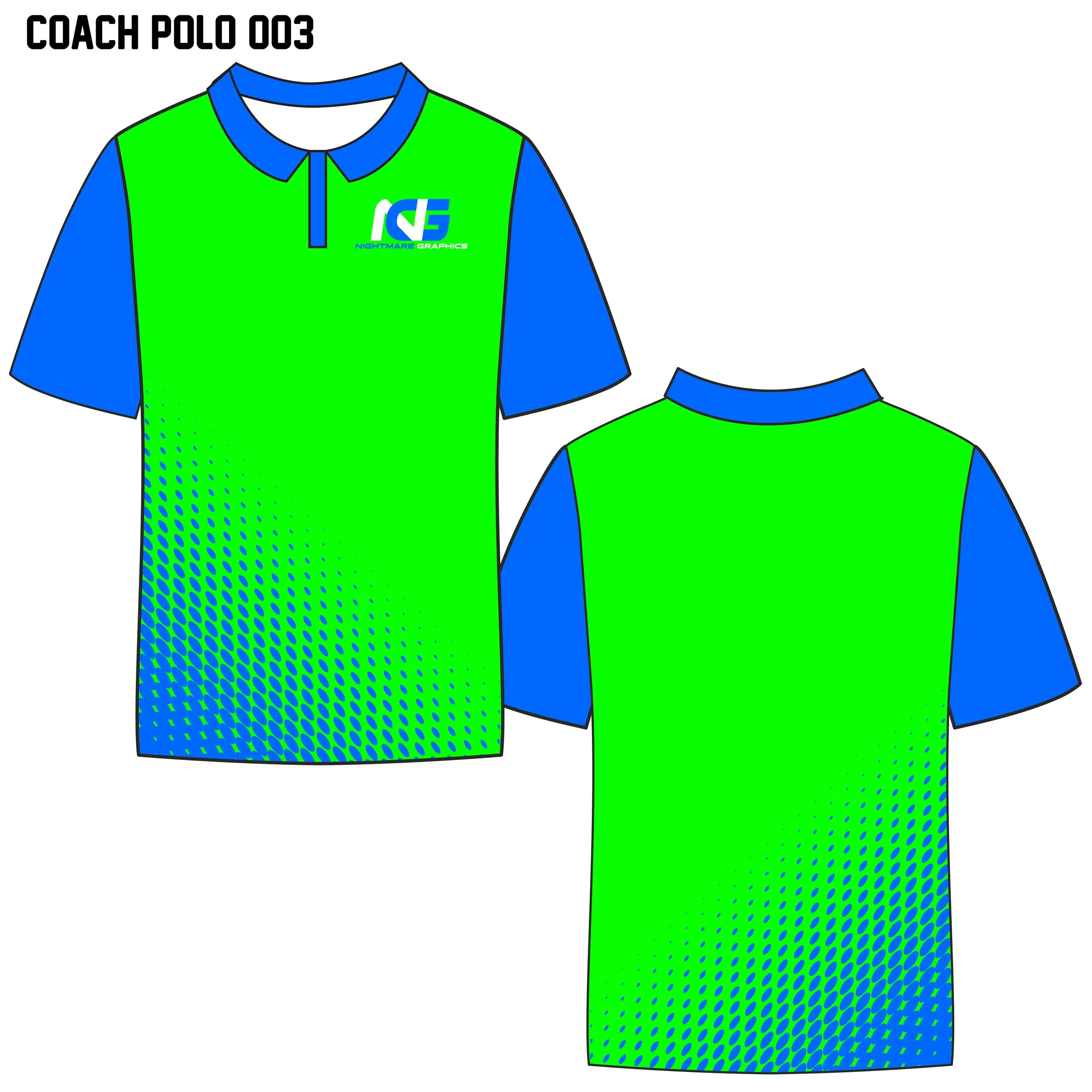 Design sketch of a sports polo shirt with green front and back panels, blue sleeves, a blue collar, and a logo on the left chest area reading 'Nightmare Graphics.' The front view includes blue dotted pattern on the lower left side.