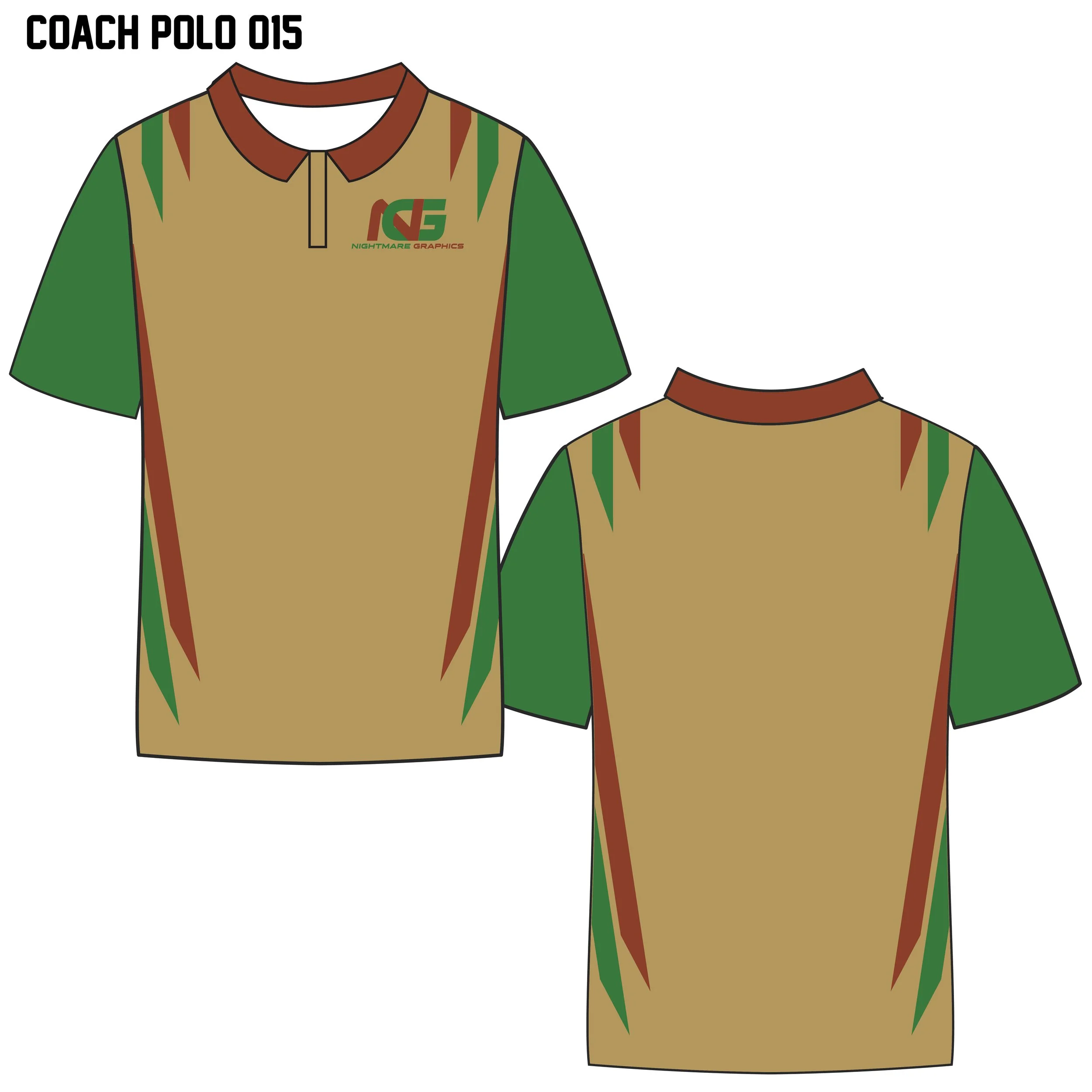 Illustration of a short-sleeve sports jersey with a tan body, green sleeves, and red and green accents. The front features a logo with the letters 'NCS' and the text 'Nightmare Graphics.' The back is plain tan.