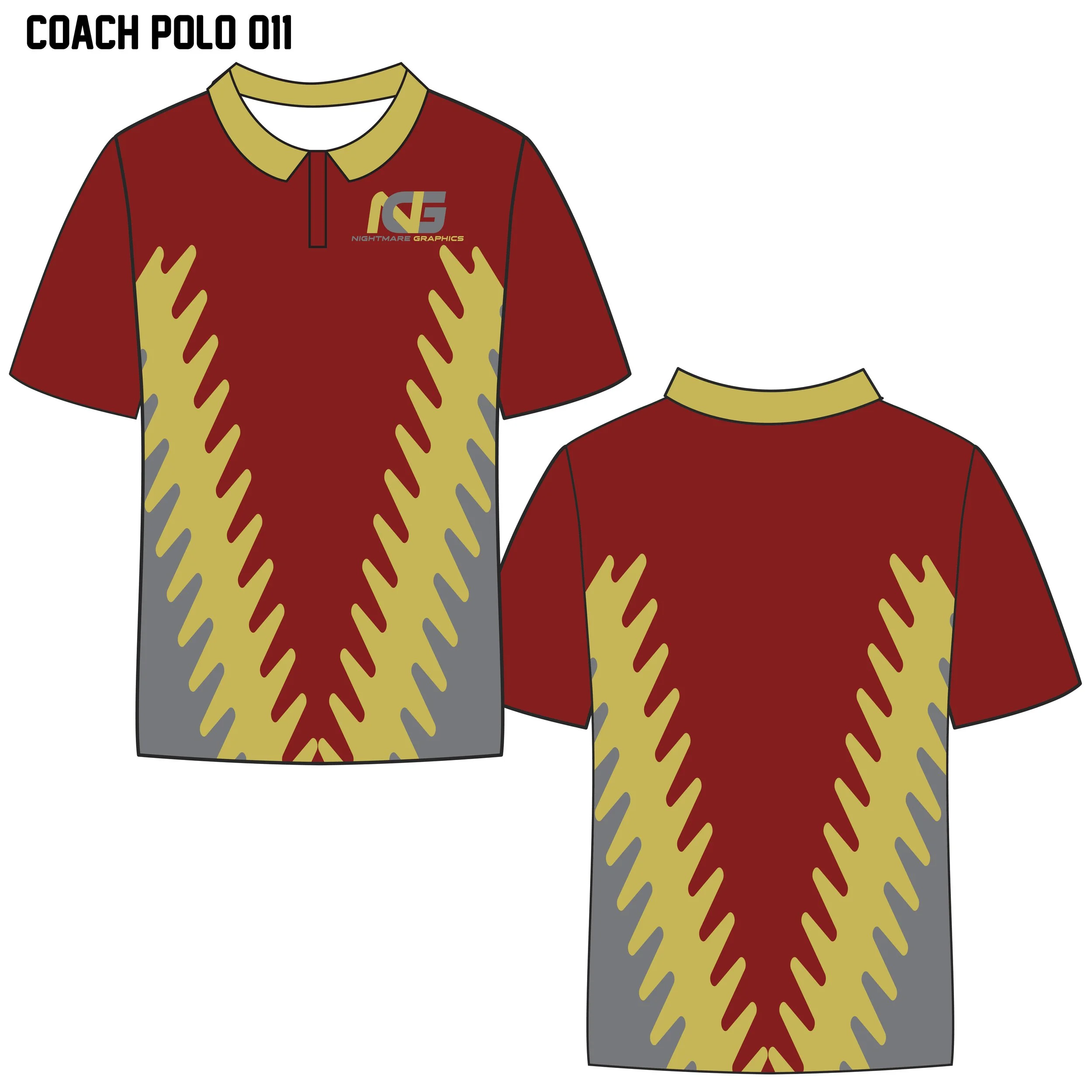 Design mockup of a red, gold, and gray athletic polo shirt with a collar, featuring a teal, red, and gray logo with the text "Nightmare Graphics" on the chest, and a bold geometric pattern running down the front and back.