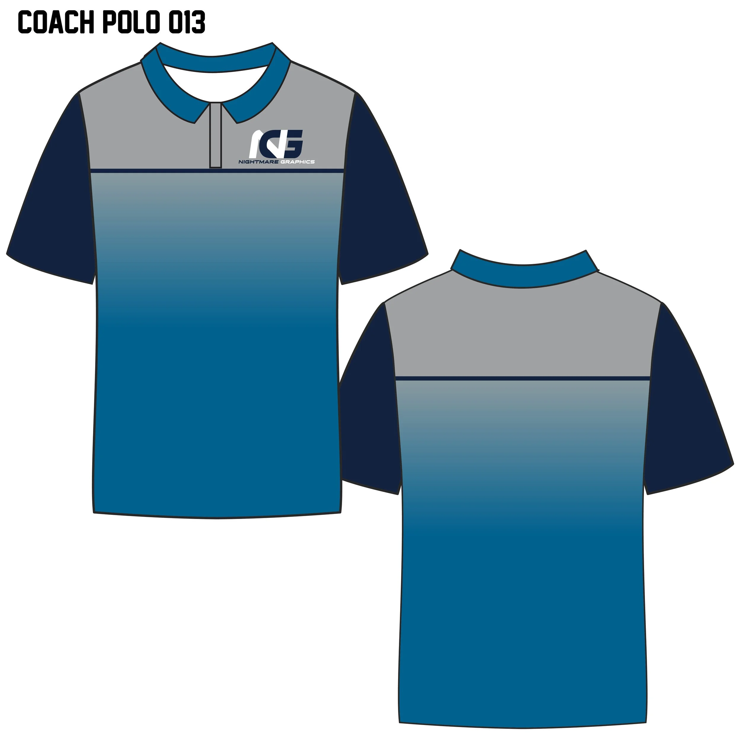 Design rendering of a golf polo shirt featuring a gradient blue color with gray and navy accents, a collar, a half-zip front, and the logo 'Nightmare Graphics' on the front left chest with the text 'Coach Polo 013' at the top.