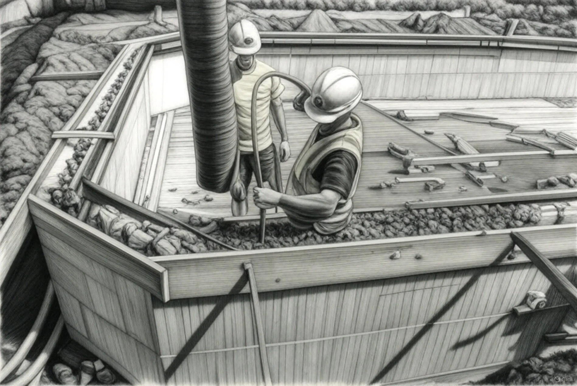 A realistic black and white drawing of two construction workers on a building site, one kneeling and holding a pole, the other standing, both wearing hard hats and vests. The site has wooden framing, tools scattered around, and surrounding rocky terrain.