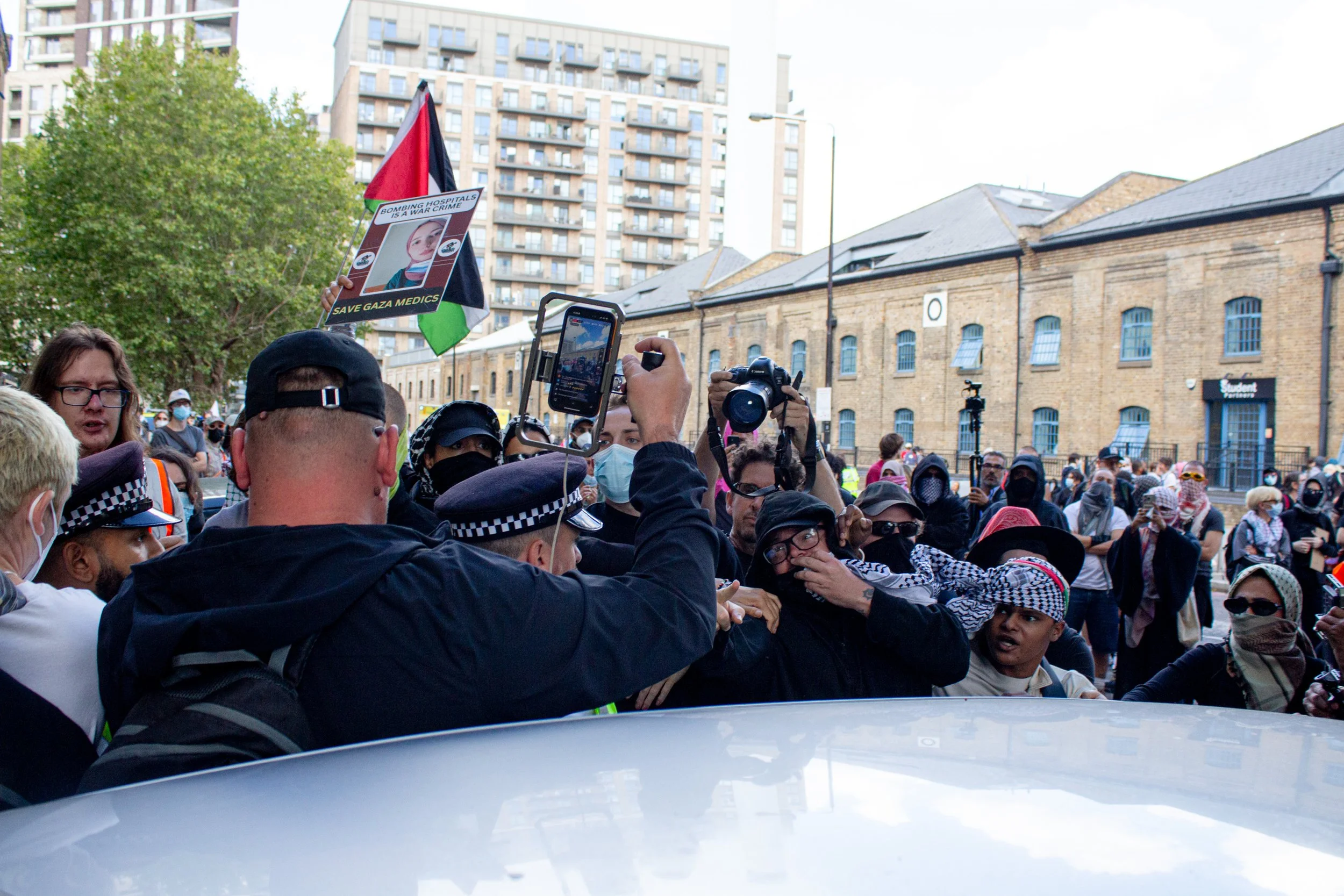 Anti-arms protestors, police and far-right agitators clash at the DSEI Arms fair, 2025.