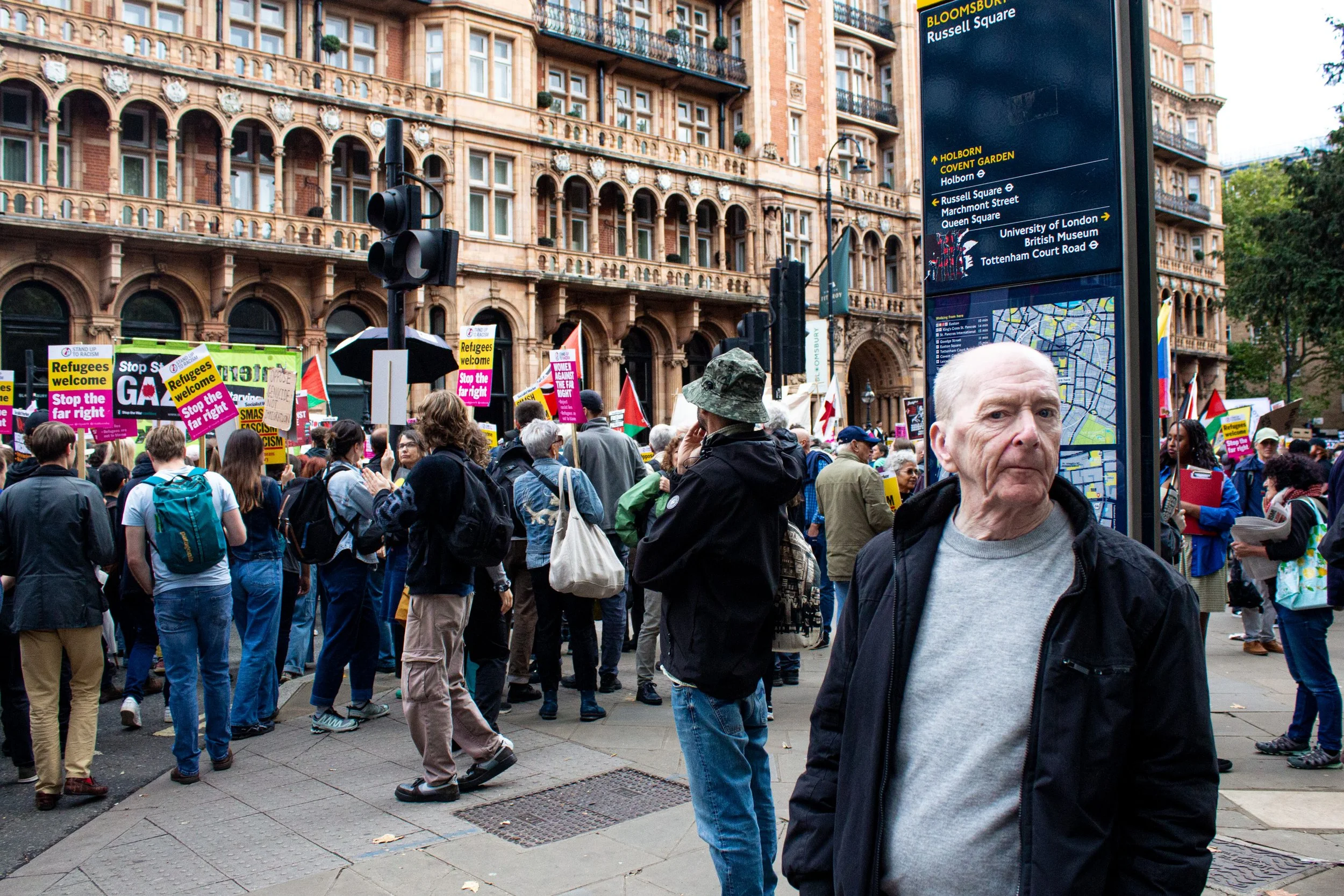 The counter protest crowd gathers around Russel Square.