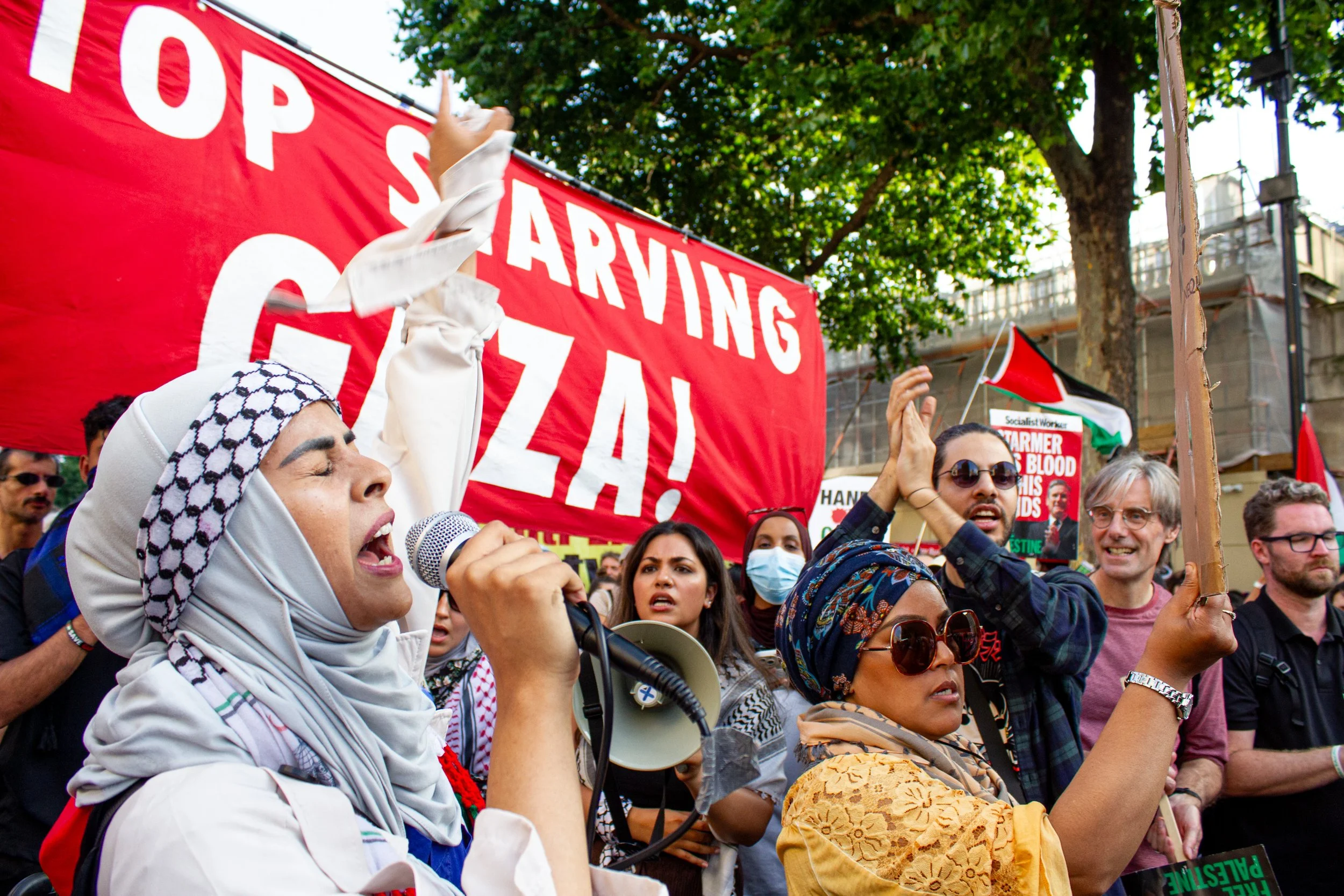 Protestors demanding an end to the famine in Gaza, arms embargo and sanctions on Israel, and an end to the genocide, 2025.