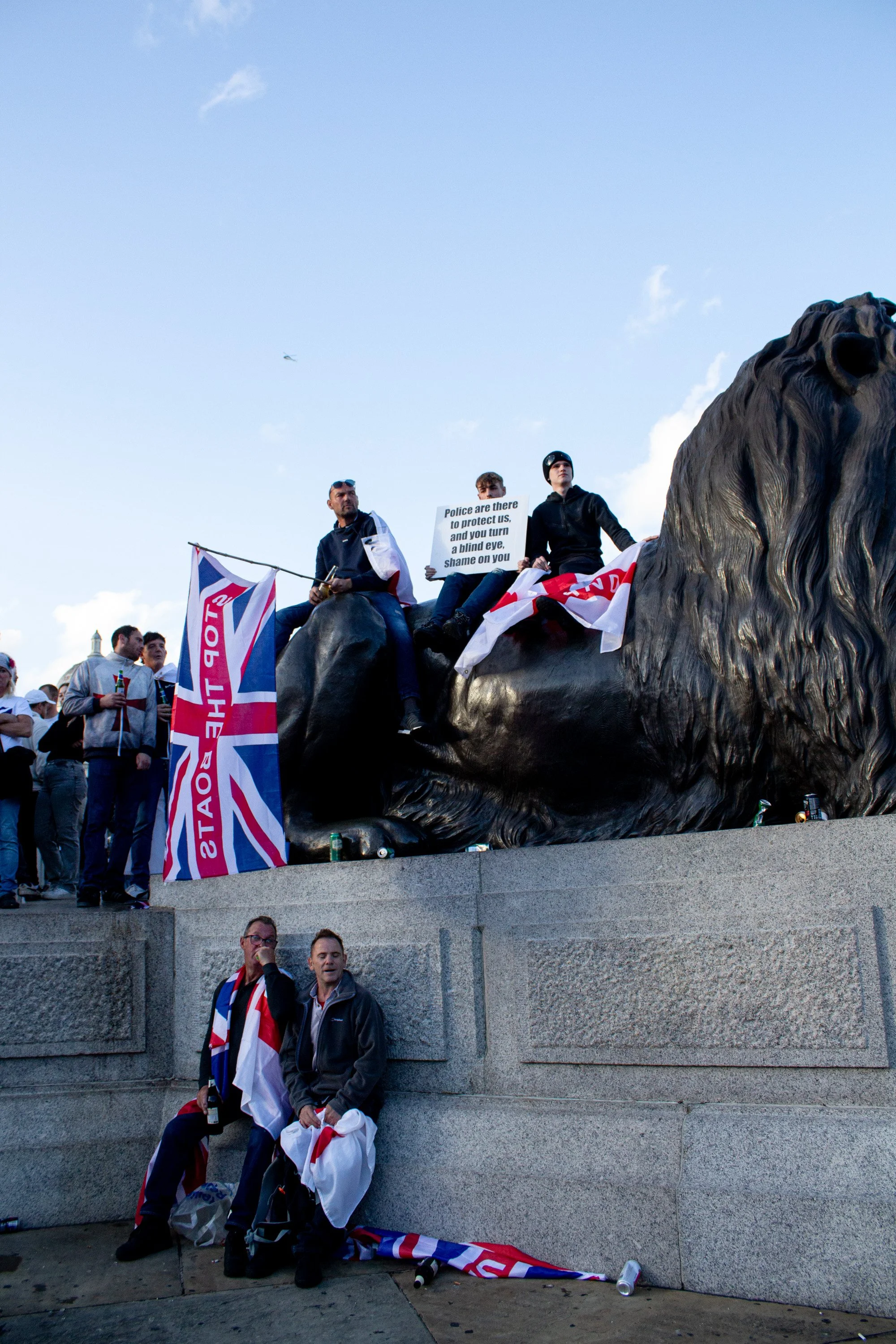 Members of the far-right at the Trafalgar Square Monument.