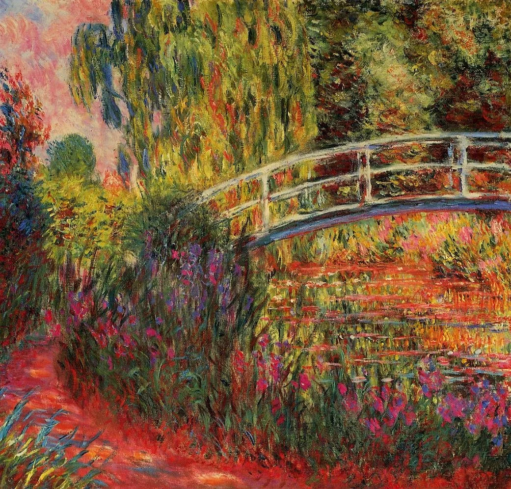 Colorful impressionist painting of a pond with a bridge, surrounded by lush green, red, purple, and yellow foliage.