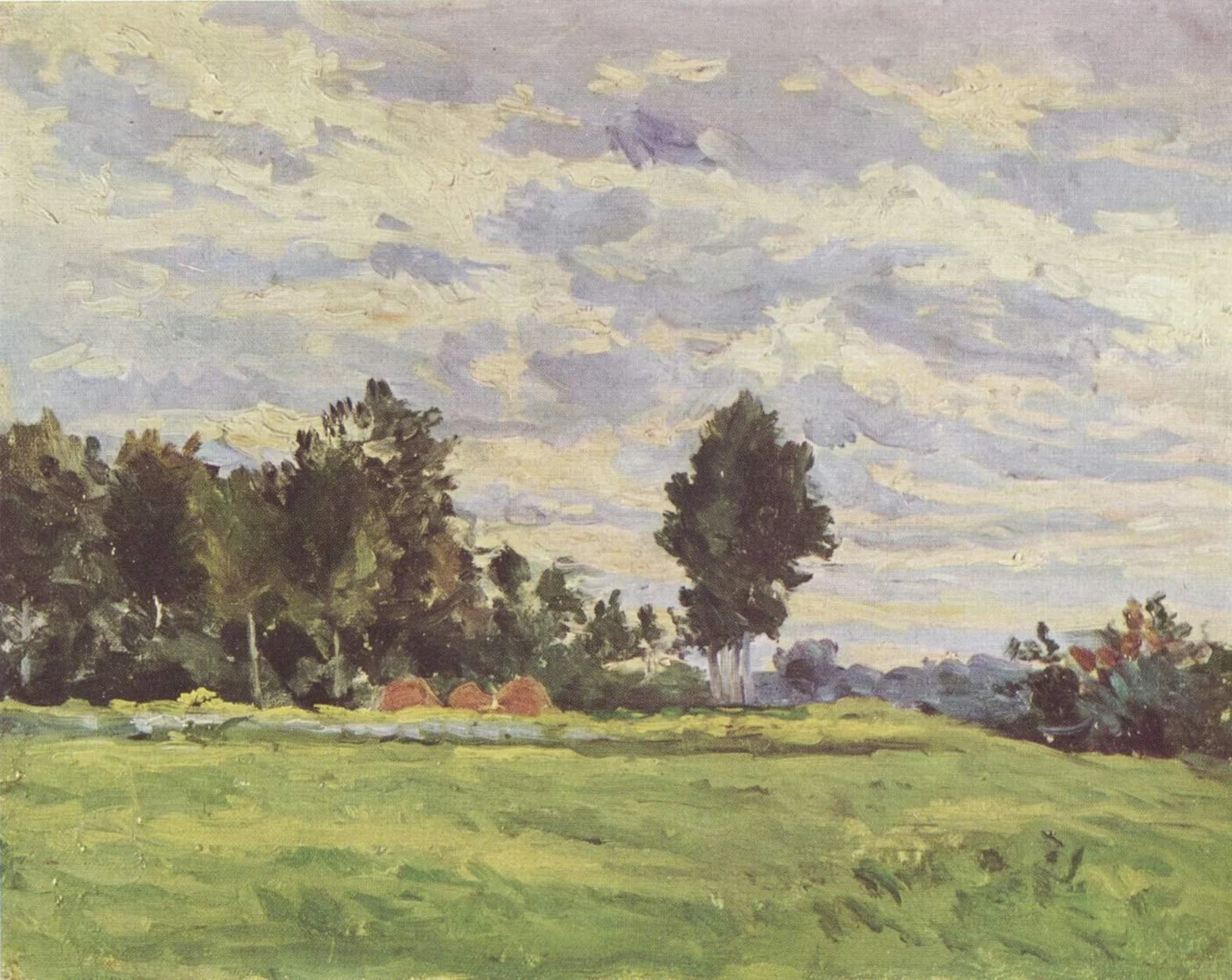 Landscape painting of a green field with trees and a cloudy sky.