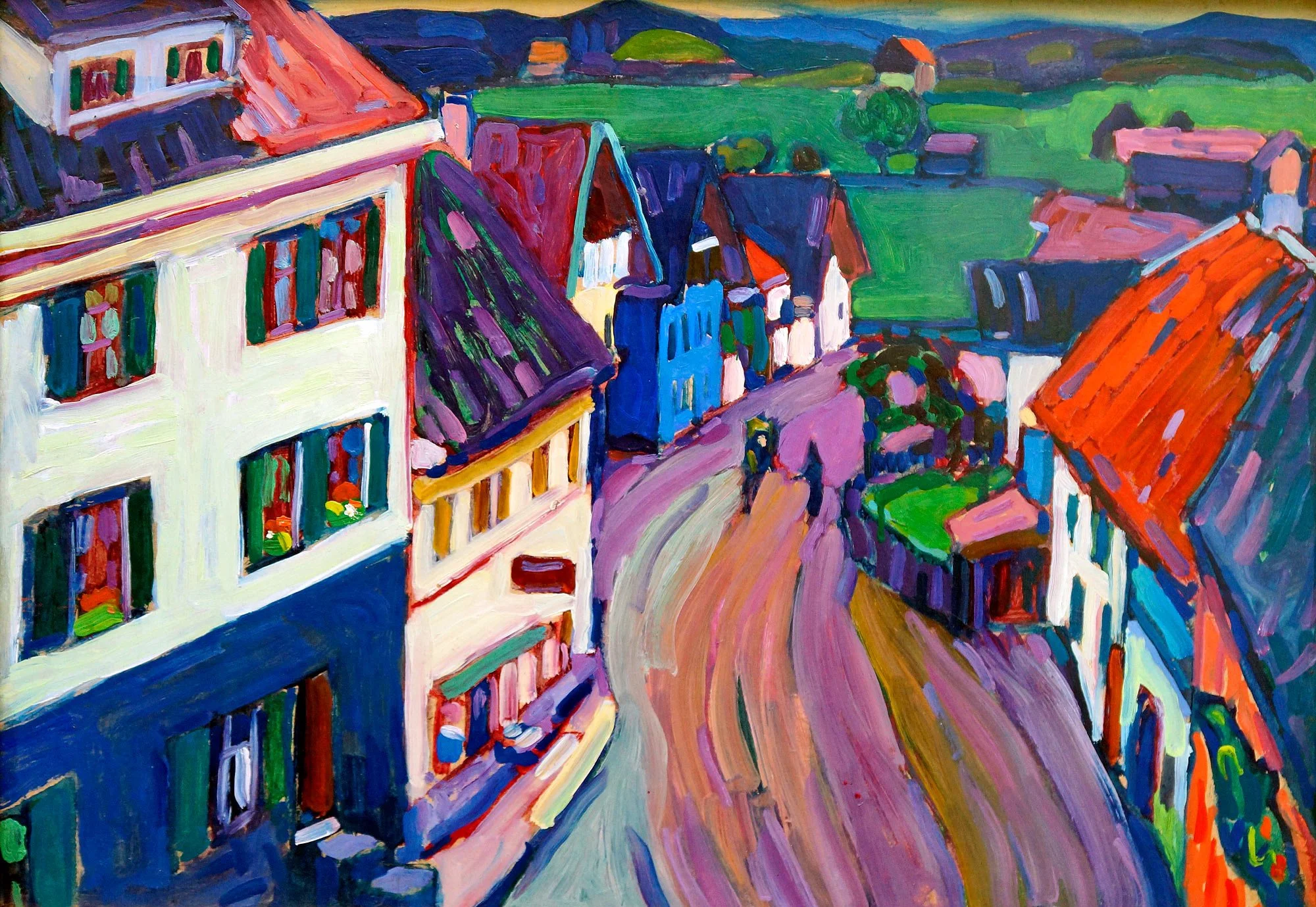 A colorful painting of a street with houses, some with red and purple roofs, set against green fields and rolling hills in the background. The street curves and is lined with vibrant buildings, with a couple walking along.