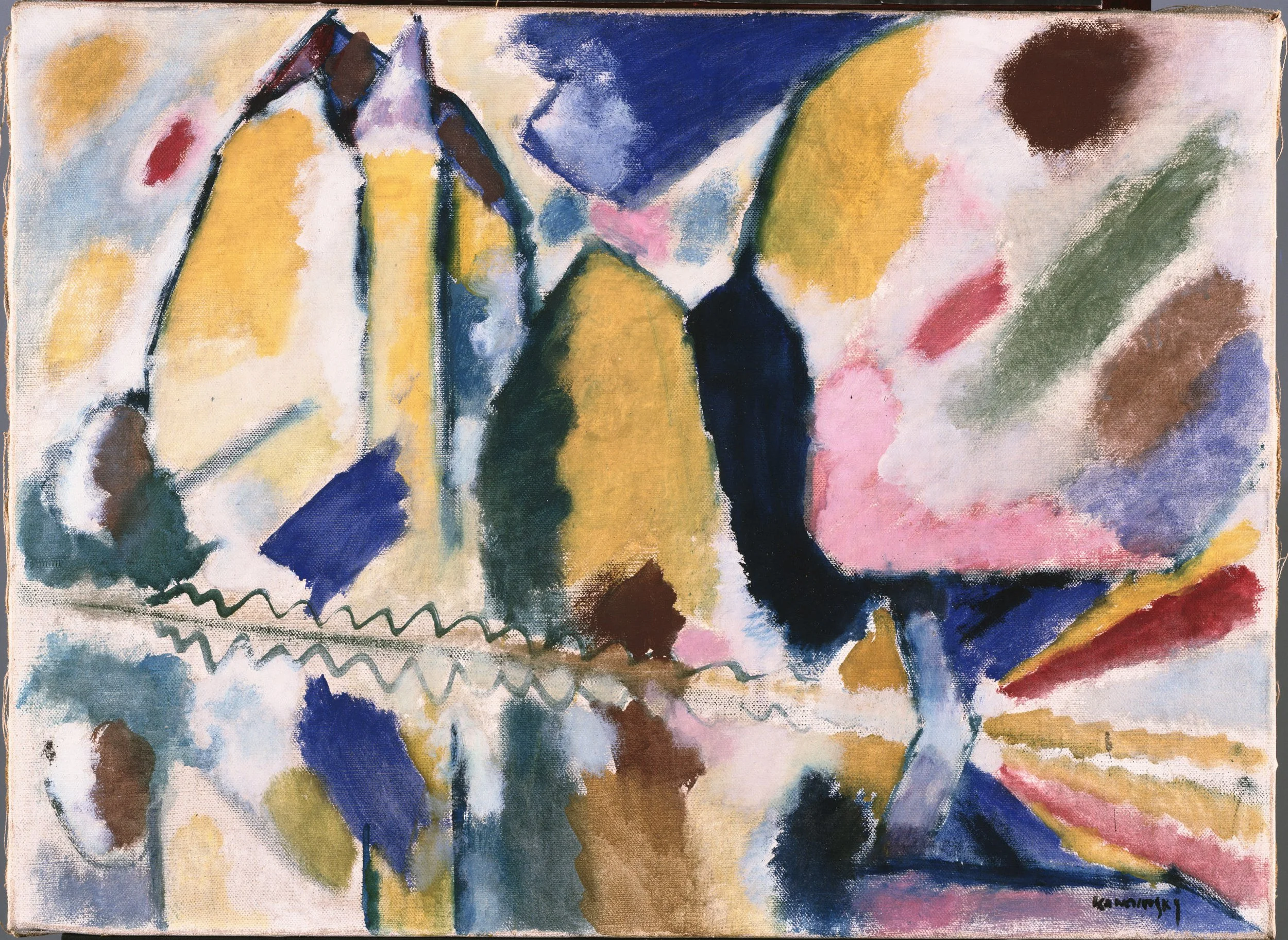 Abstract painting with vibrant colors including yellow, blue, pink, green, black, and brown, featuring various shapes and brushstrokes.