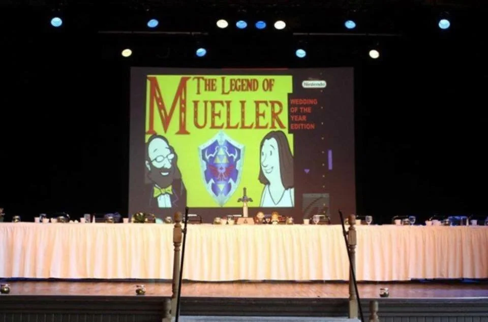 The SNES game cover I made for the projector behind my wedding dais