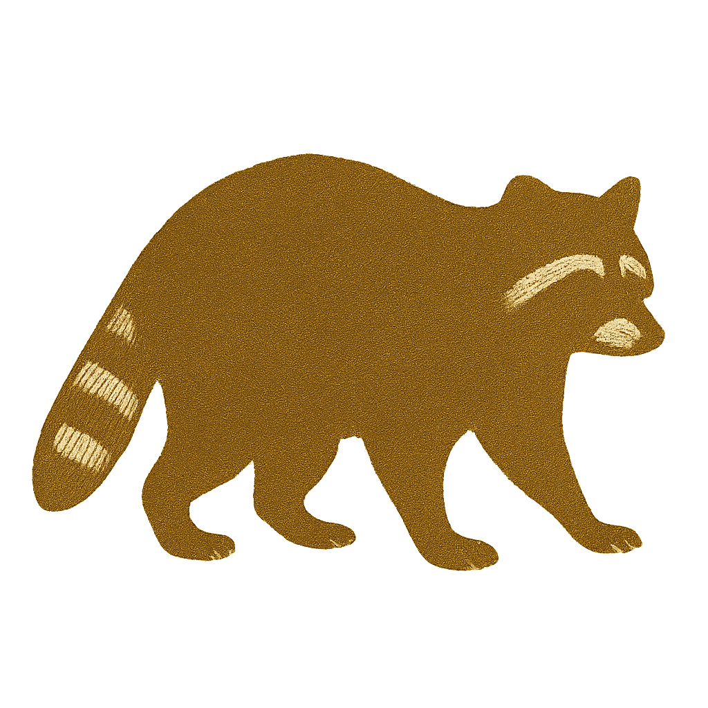 Silhouette of a raccoon with a striped tail on a light background.