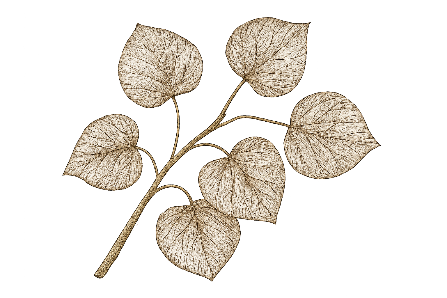 A branch with multiple dried, skeletonized leaves against a black background.