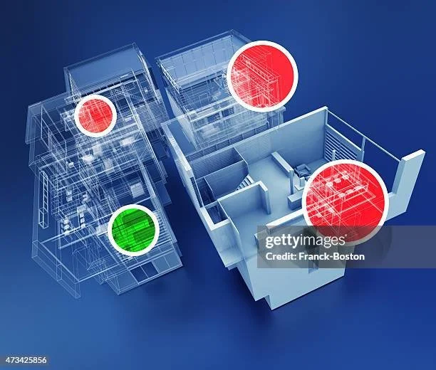 Architectural blueprint with highlighted areas in red and green indicating specific sections or features.