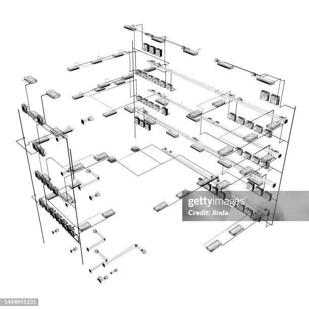 A detailed 3D wireframe model of a large building's interior layout, including multiple rooms, corridors, and furniture arrangements.