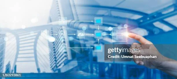 Hand touching a transparent digital interface with technology icons over a cityscape background.