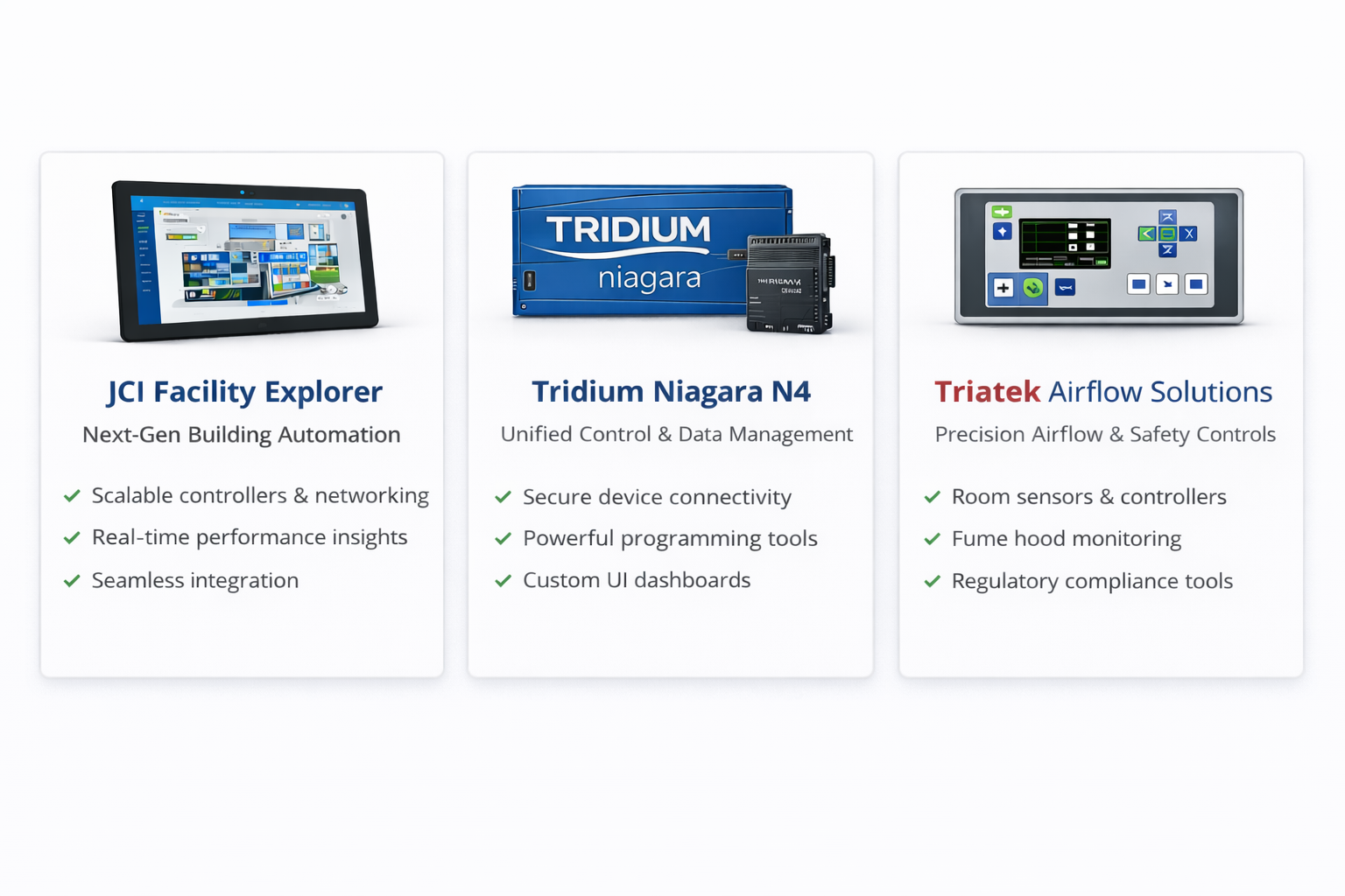 Product overview of building automation and control systems, including JCI Facility Explorer, Tridium Niagara N4, and Triatek airflow solutions with images of devices and control panels.