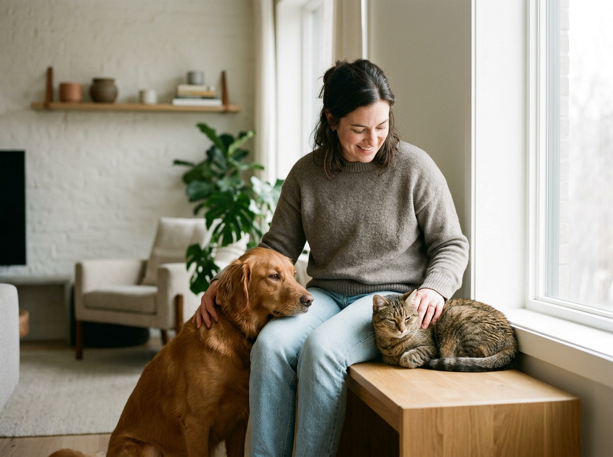 Person sitting with their cat and dog