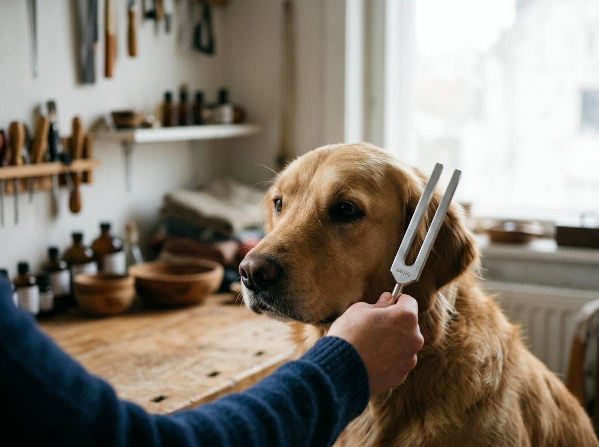 Dog getting a tuning fork session