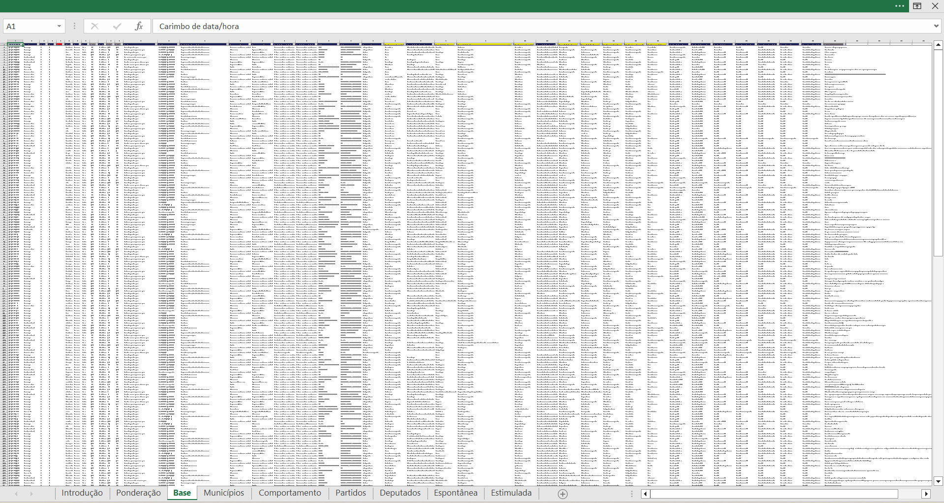 Recorte exemplificativo do banco de dados. O conteúdo completo inclui todas as variáveis, registros e respostas coletadas.