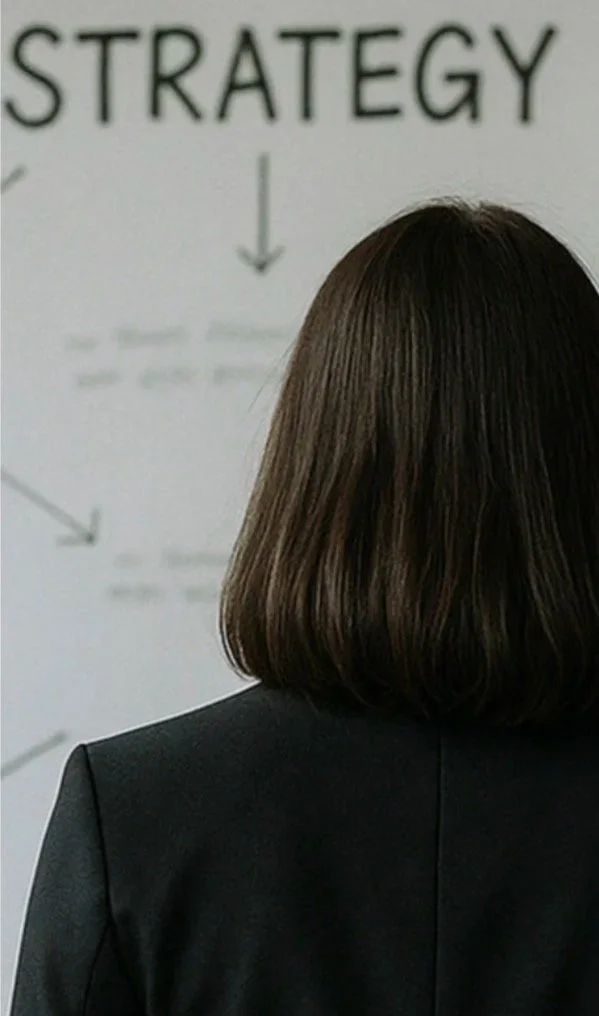 Professional woman in a blazer standing in front of a wall with strategic notes and arrows, representing business planning, market positioning, and brand development.