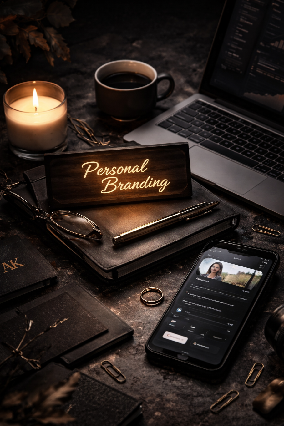 Dimly lit marketing workspace with digital analytics on a laptop, a mobile professional profile screen, and illuminated “Personal Branding” signage symbolizing digital credibility and visibility.