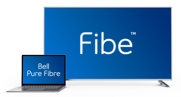 A laptop and a TV screen displaying the Fibe logo, with the laptop screen showing 'Bell Pure Fibre' in white text on a blue background.