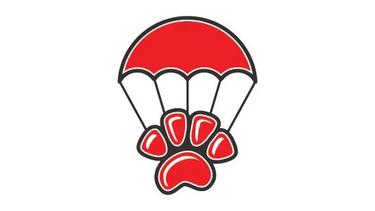 A stylized red parachute with a paw print underneath.