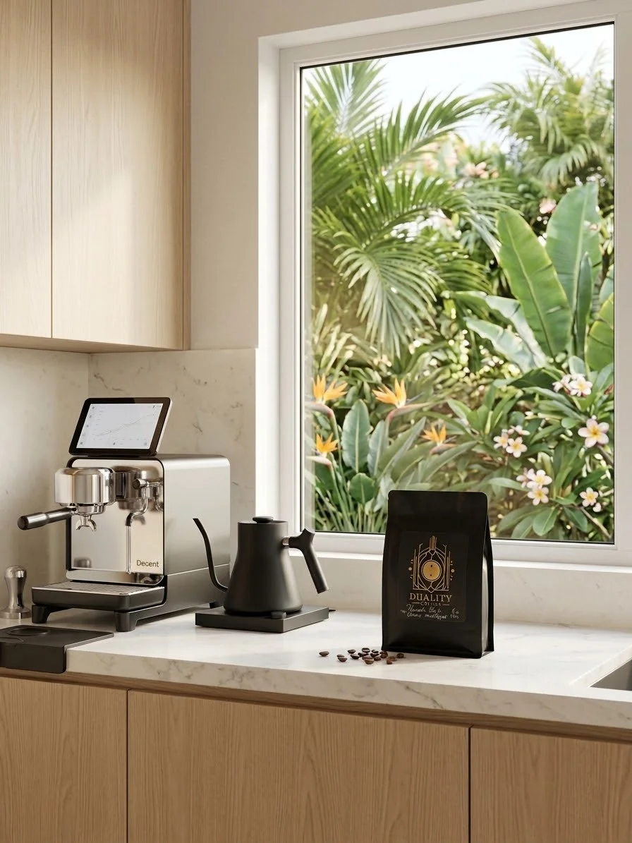 Hawaii Kau 2026 bag on a counter in a modern kitchen next to a decent espresso machine and fellow goosneck kettle.JPG