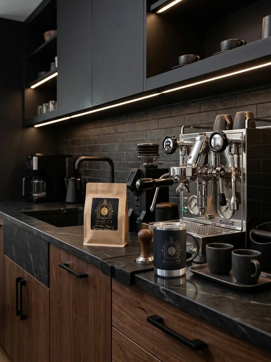 Sumatra Gayo Organic image of bag on modern dark kitchen counter with rocket espresso machine.JPG