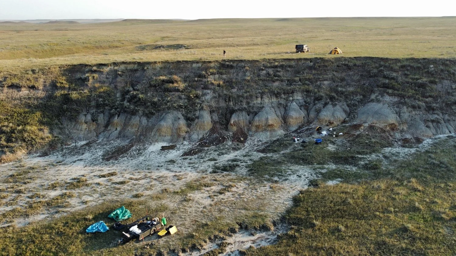 Aerial view of a fossil dig site on a grassy plateau with a cliff edge nearby. There are tents and vehicles parked on the grass.