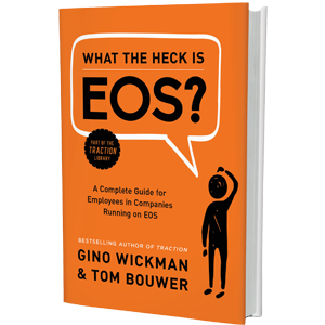 Book titled "What the Heck is EOS?" with a speech bubble and an illustration of a person holding their head, authored by Gino Wickman and Tom Bouwer.