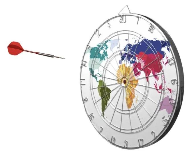 A world map clock with a dart hitting the map near North America.